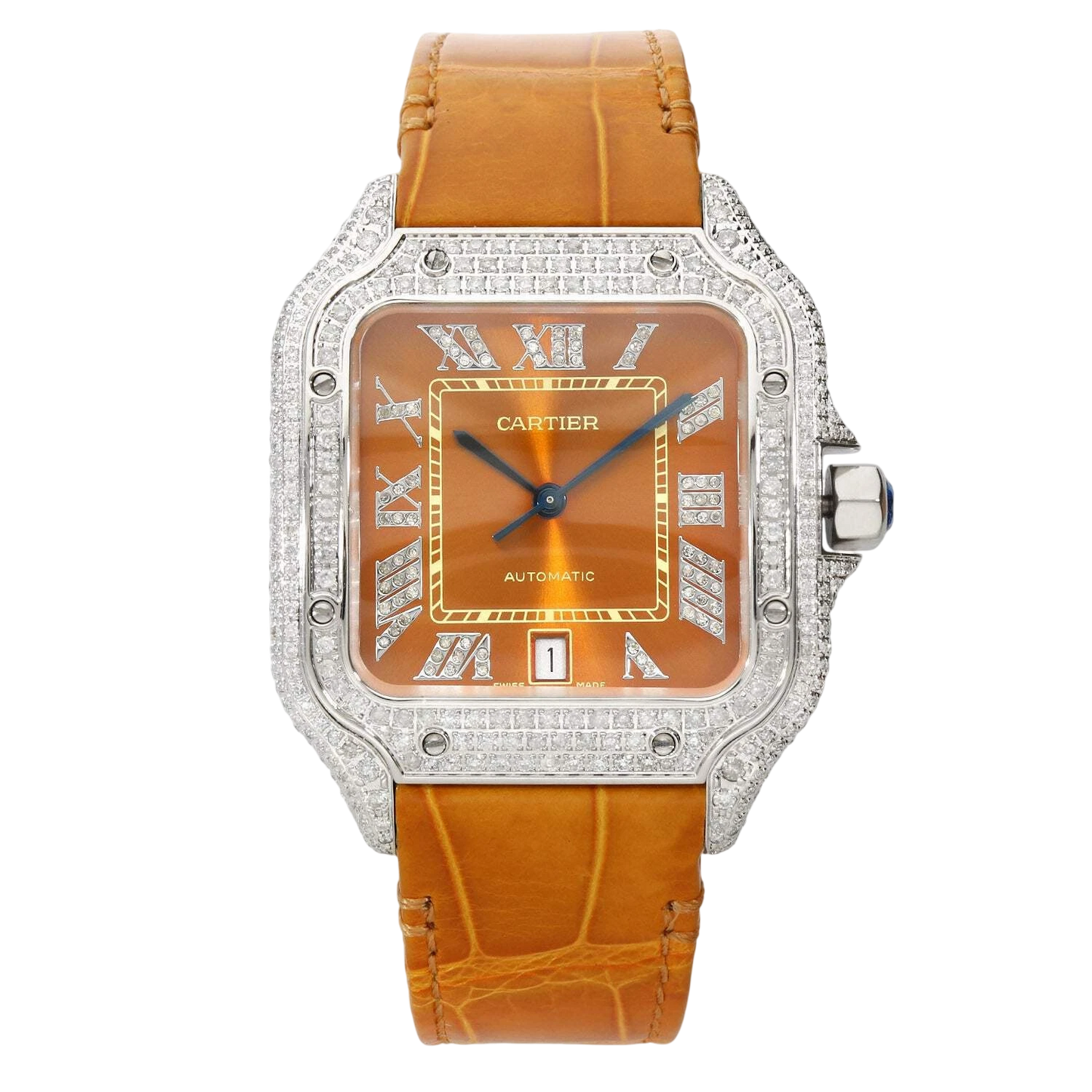 Cartier Santos 40mm 5ct FULL CUSTOM PAVE DIAMONDS AUTOMATIC ORANGE