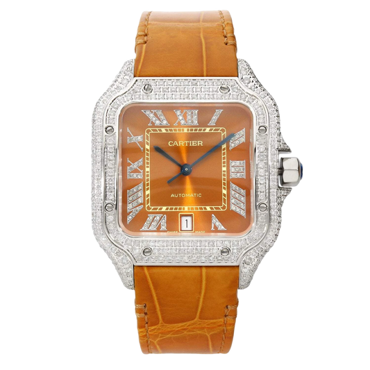 Cartier Santos 40mm 5ct FULL CUSTOM PAVE DIAMONDS AUTOMATIC ORANGE