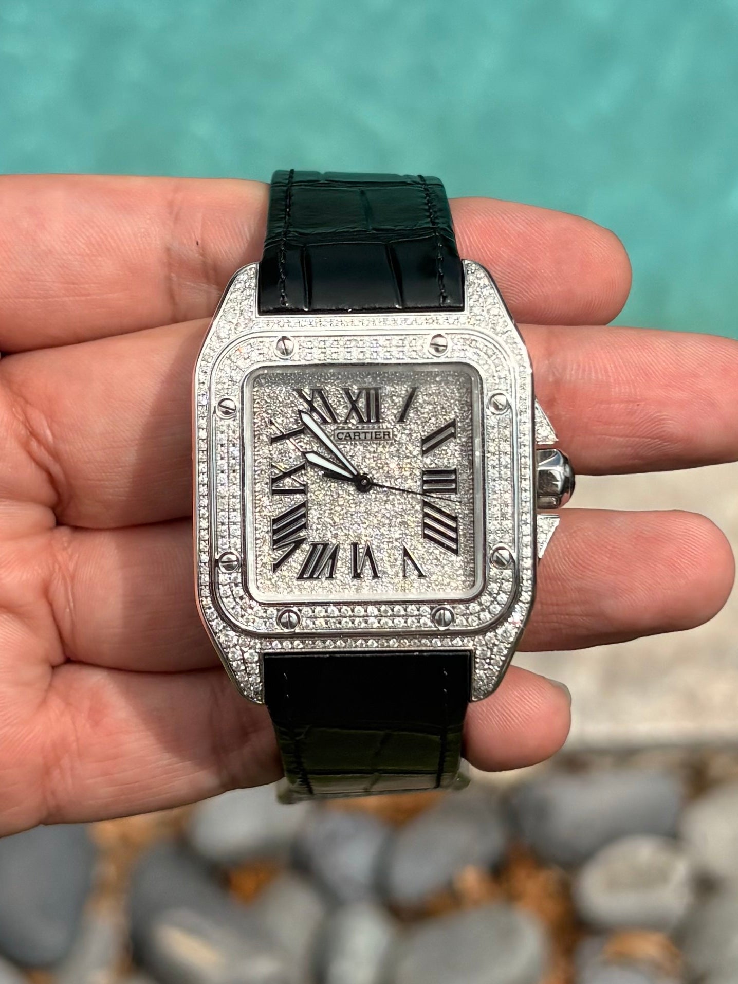 Cartier Santos 100 FULL CUSTOM PAVE DIAMONDS AUTOMATIC