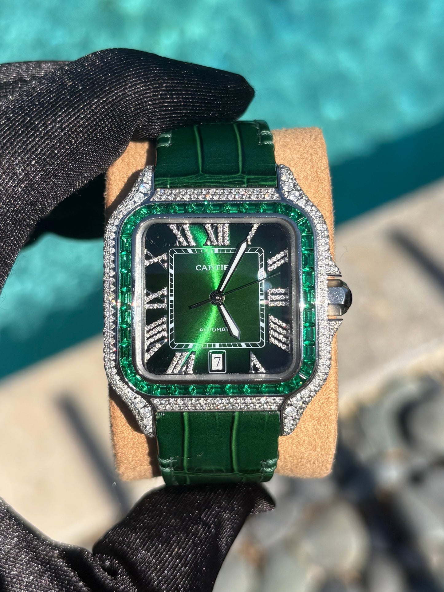 Cartier Santos Medium 40mm 5ct FULL CUSTOM PAVE DIAMONDS AUTOMATIC GREEN