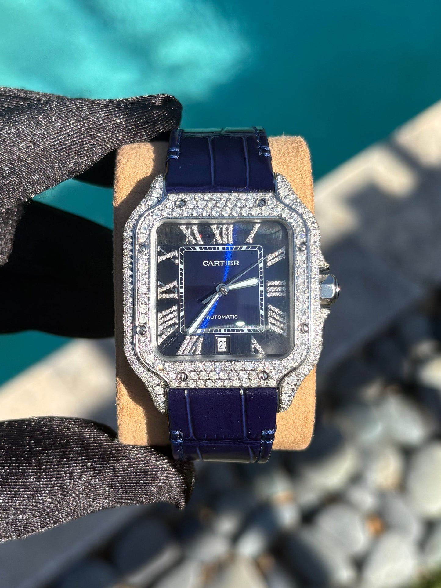Cartier Santos 40mm 5ct FULL CUSTOM PAVE DIAMONDS AUTOMATIC NAVY