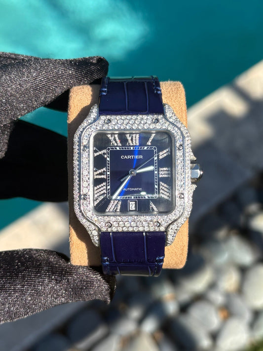 Cartier Santos 40mm 5ct FULL CUSTOM PAVE DIAMONDS AUTOMATIC NAVY