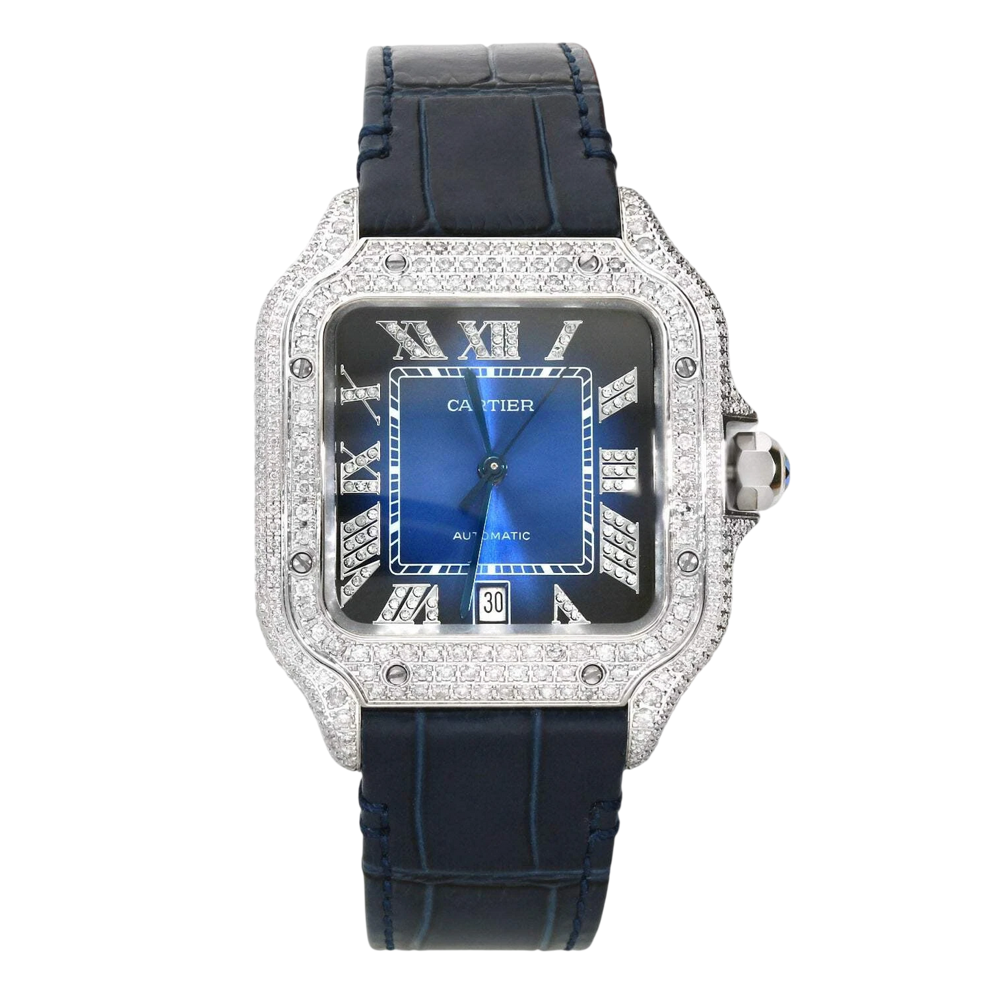 Cartier Santos 40mm 5ct FULL CUSTOM PAVE DIAMONDS AUTOMATIC NAVY