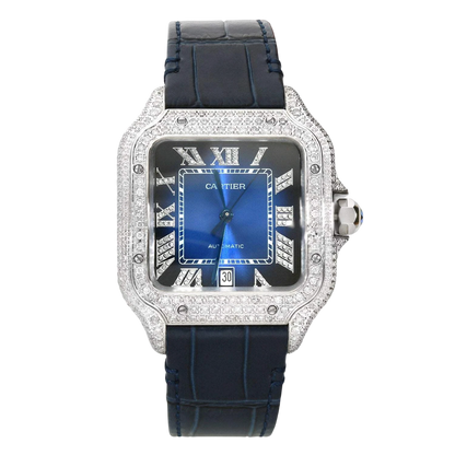 Cartier Santos 40mm 5ct FULL CUSTOM PAVE DIAMONDS AUTOMATIC NAVY