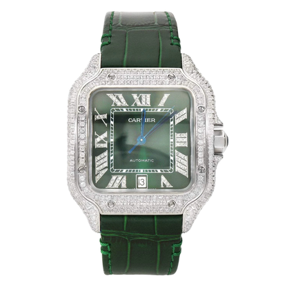 Cartier Santos 40mm 5ct FULL CUSTOM PAVE DIAMONDS AUTOMATIC GREEN