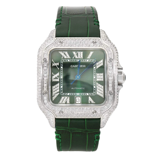 Cartier Santos 40mm 5ct FULL CUSTOM PAVE DIAMONDS AUTOMATIC GREEN
